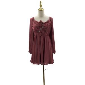 LULU'S SZ L Playful Delight Rusty Rose Bow-Front Long Sleeve Mini Dress B68